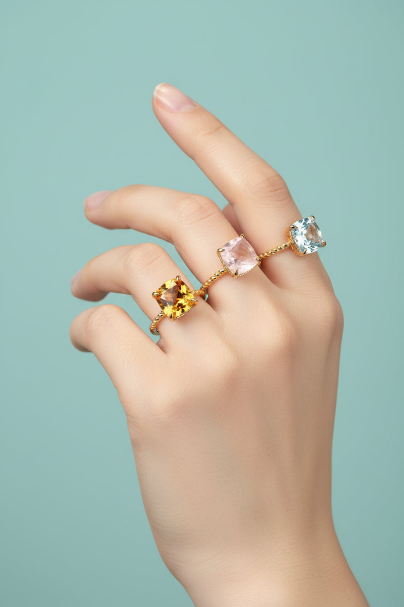 S925 Silver Geometric Gemstone Ring | Blue Topaz, Citrine & Pink Quartz | Gemini Lulu