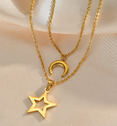 Layered Star and Moon Pendant Necklace in 18K Gold Gemini Lulu - Gemini Lulu
