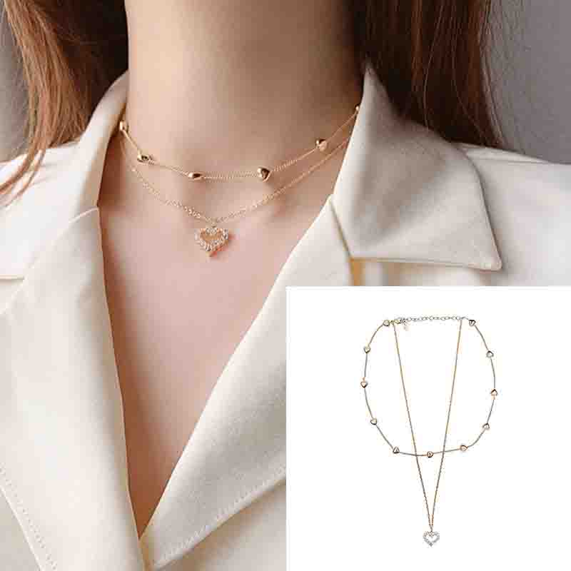 Layered Heart Rhinestone Necklace | Gold Collar Chain - Gemini Lulu