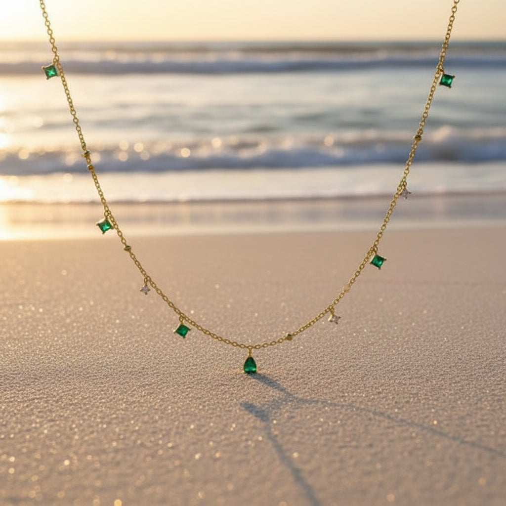 Emerald & Gold Plated Necklace | Adjustable 16-18" | Gemini Lulu