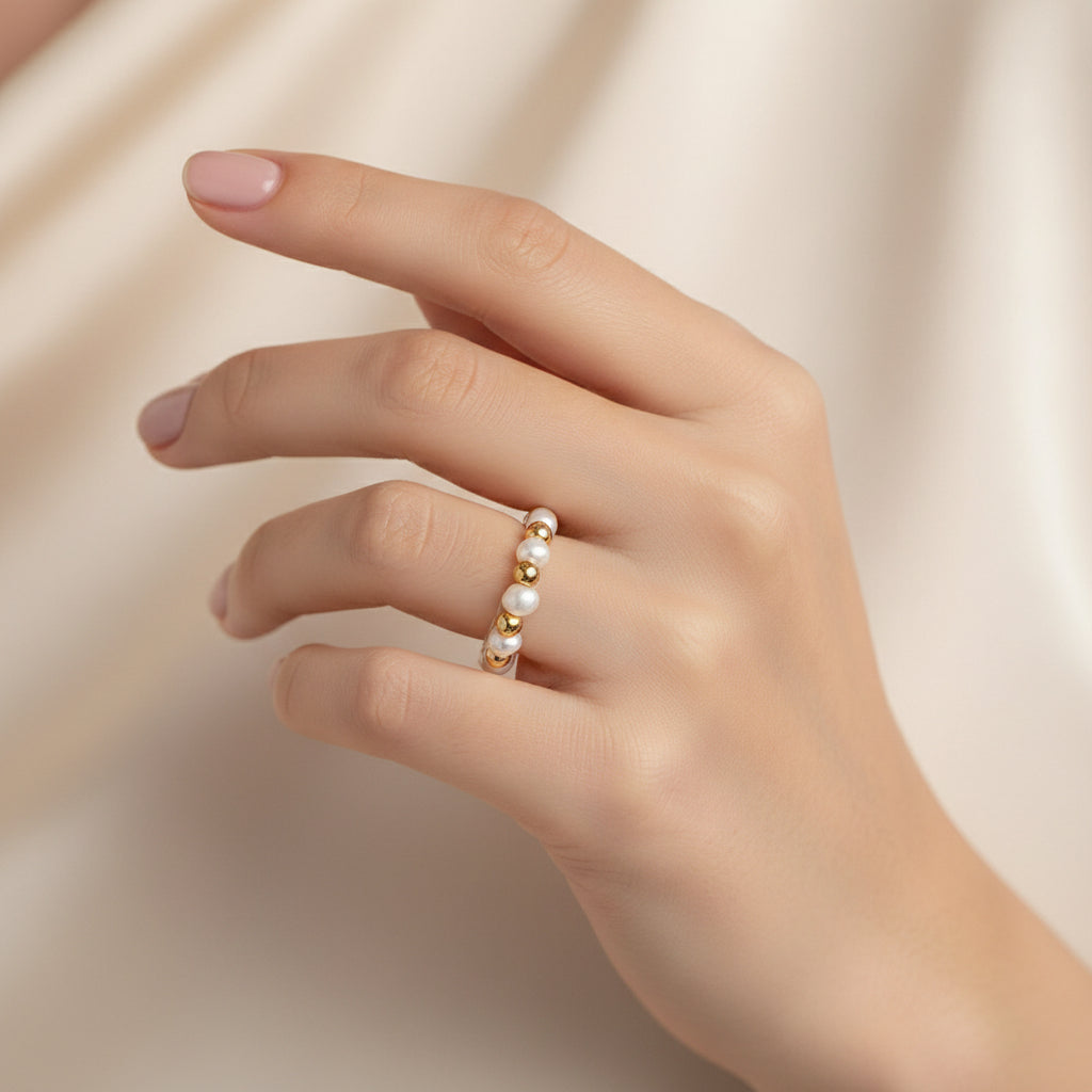 18K Gold Plated Pearl Stretch Ring | One Size | Gemini Lulu