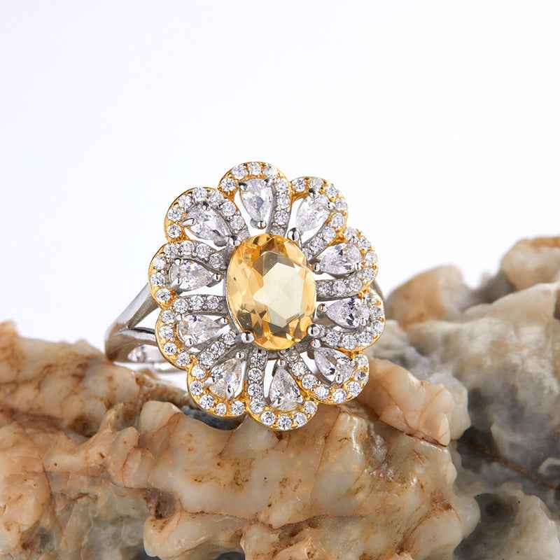 S925 Sterling Silver Natural Citrine Flower Ring