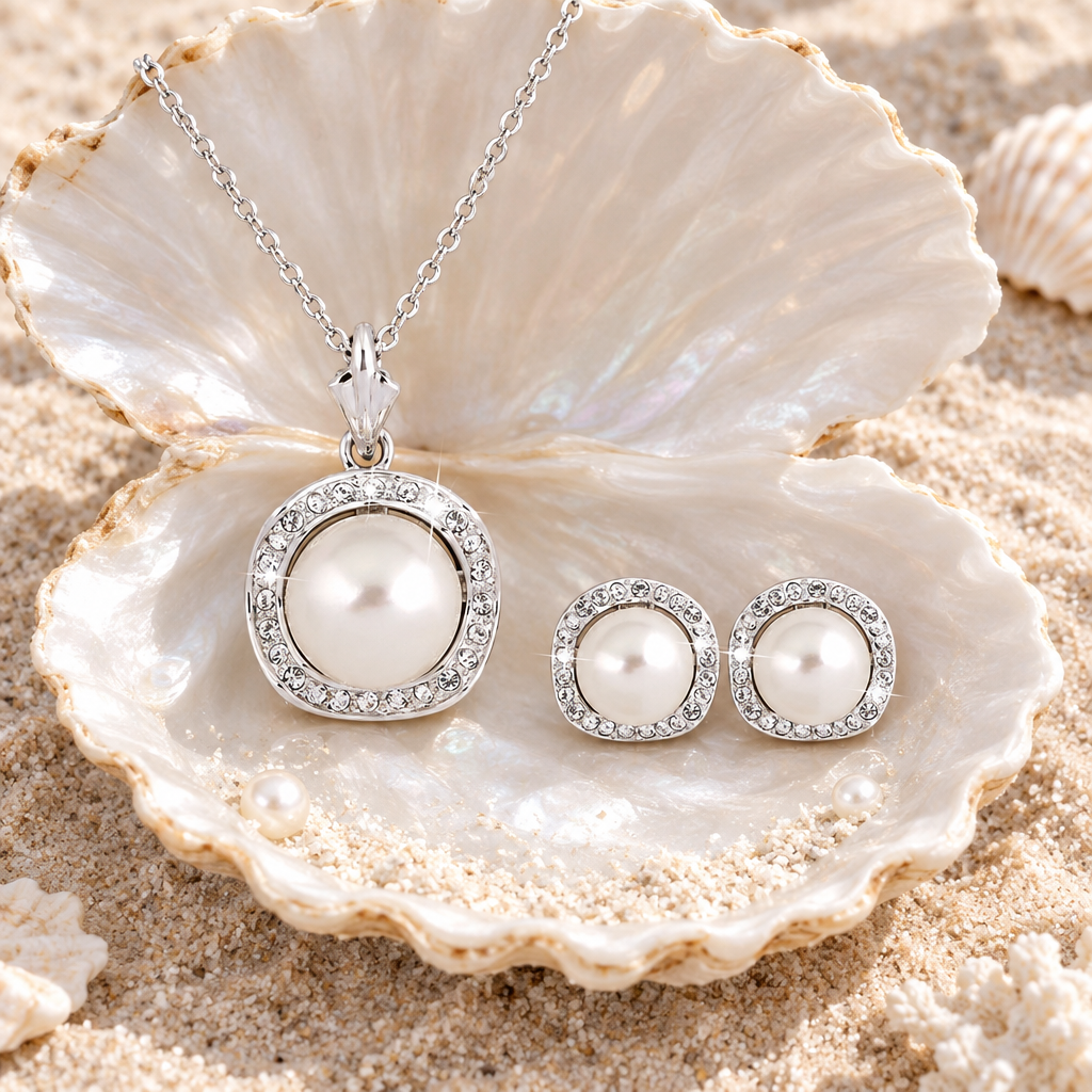 Silver-tone round pearl-style pendant and matching rhinestone halo stud earrings in a white pearl shell on beach sand
