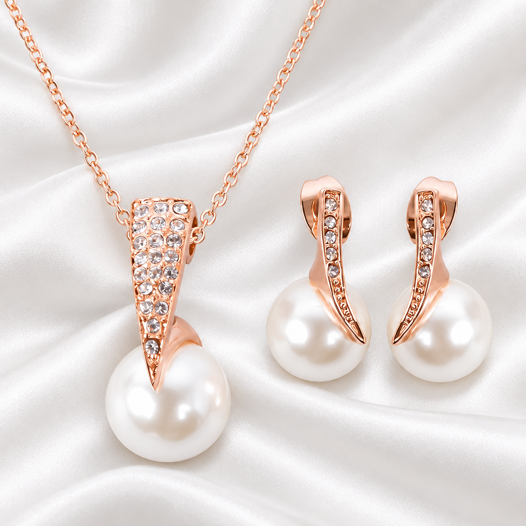 Gold-plated rhinestone teardrop necklace and matching pearl-style earrings on white satin