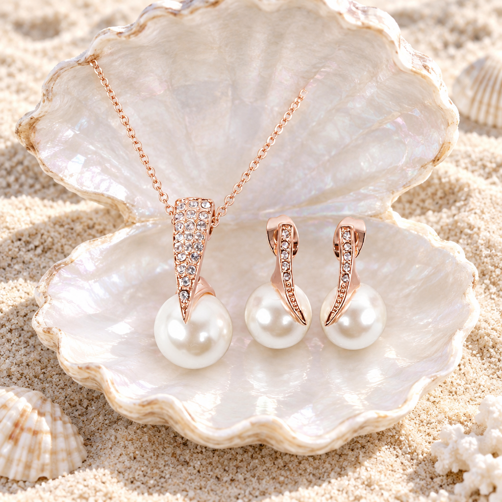 Gold-plated rhinestone teardrop necklace and matching pearl-style earrings in a white pearl shell on beach sand