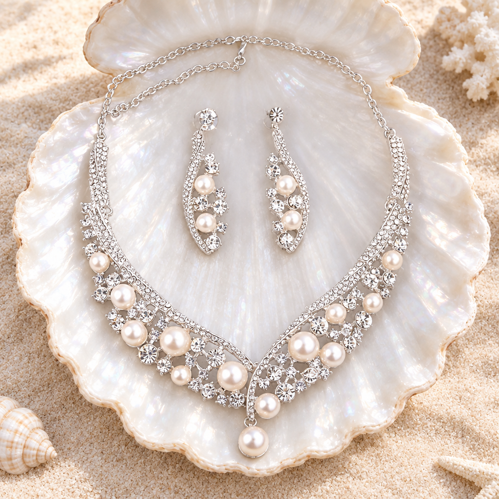 Silver-tone pearl-style necklace and matching earrings displayed in a pearl shell