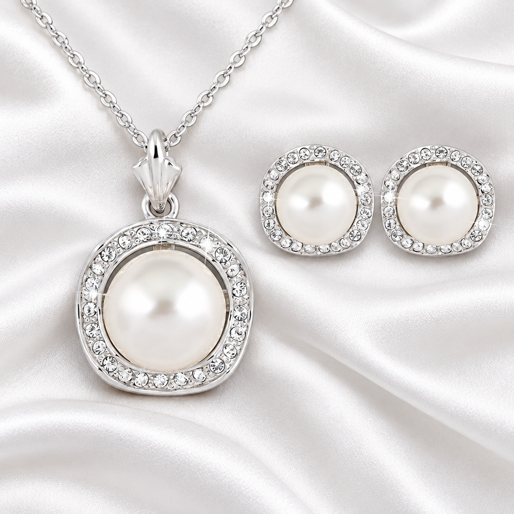 Silver-tone round pearl-style pendant and matching rhinestone halo stud earrings on white satin
