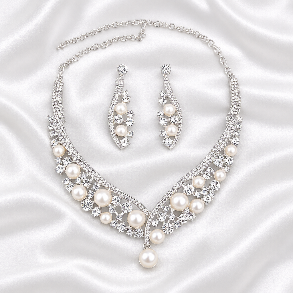 Silver-tone pearl-style necklace and matching earrings on white satin