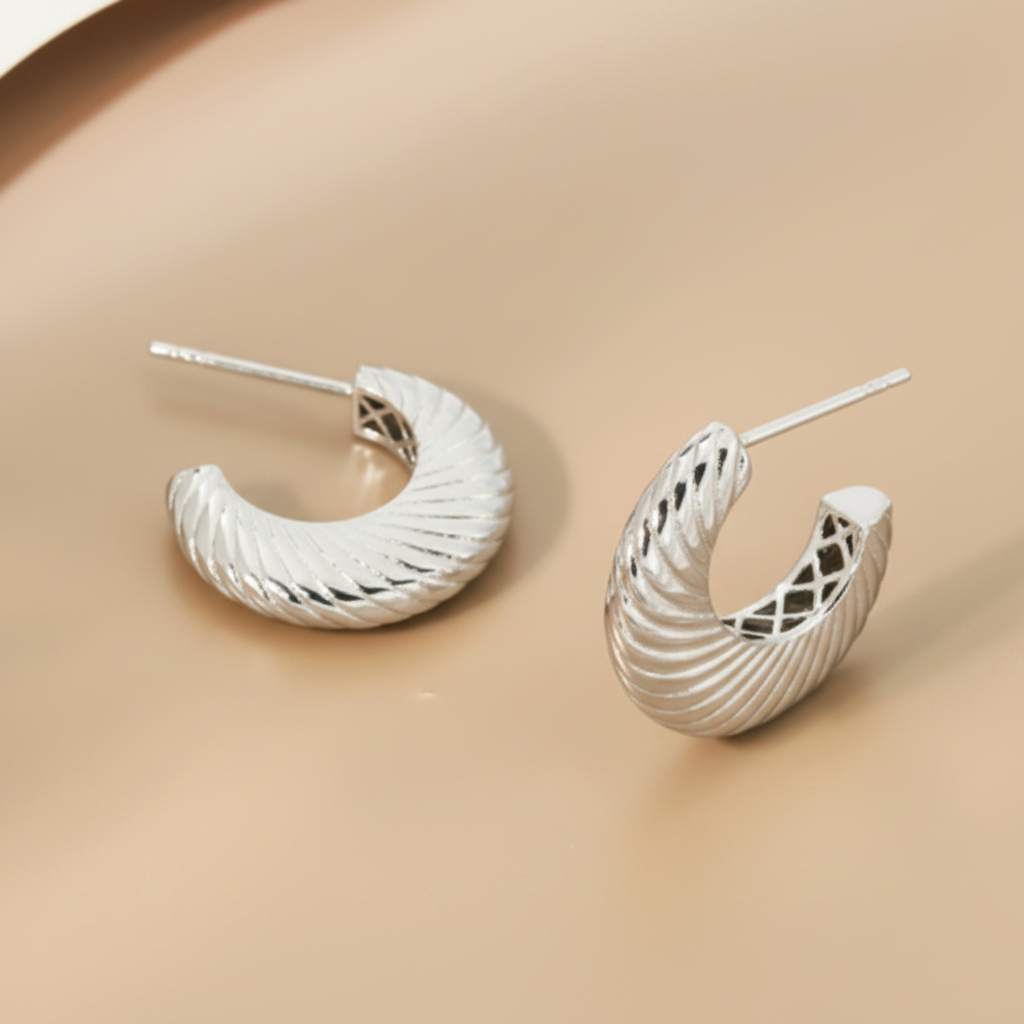 Silver Twisted Hoop Earrings Beige