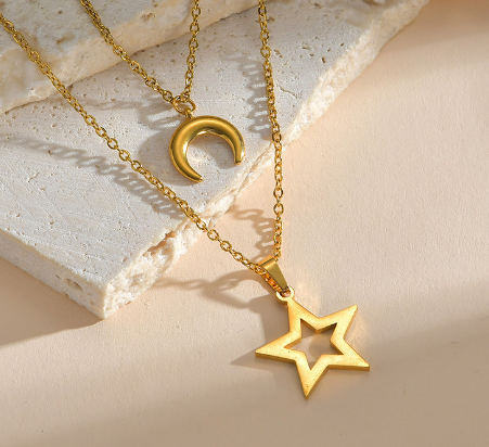 Layered Star and Moon Pendant Necklace in 18K Gold Gemini Lulu - Gemini Lulu